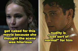 Left: Woman with text about nudity for a comedic scene. Right: Man in a shower with text on his comfort with nudity, both regarding film roles