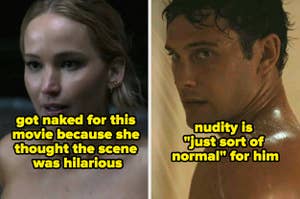 Left: Woman with text about nudity for a comedic scene. Right: Man in a shower with text on his comfort with nudity, both regarding film roles