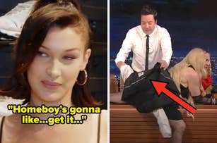 bella hadid saying ""Homeboy's gonna like...get it..." and jimmy fallon holding a jacket over madonna on his show