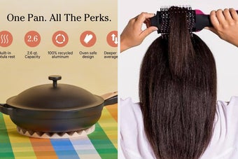 Split image: Left shows a cookware pan with features listed. Right shows a person using a hair dryer brush on straight hair