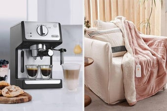 Espresso machine with cups on one side; cozy armchair with a fluffy blanket on the other