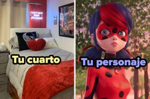 Comparativa de un dormitorio decorado y el personaje animado Ladybug de "Miraculous Ladybug"