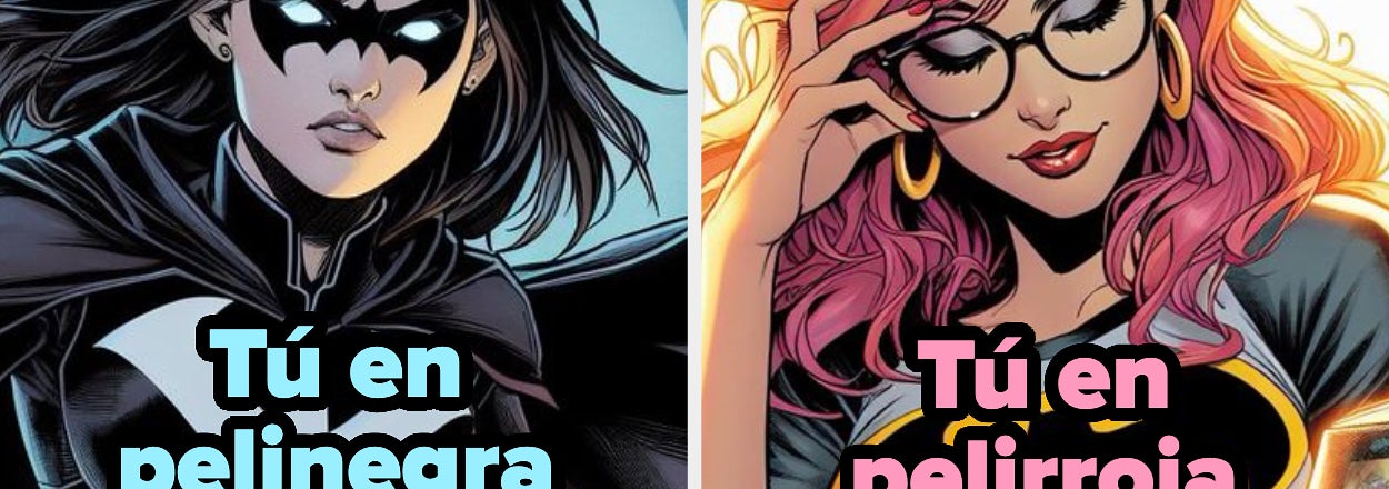 Ilustración dividida: a la izquierda, Batgirl con pelo negro; a la derecha, Batgirl con pelo rojo y gafas, con texto humorístico