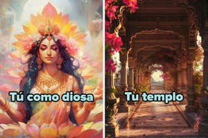 Imagen dividida: a la izquierda, una mujer con corona de flores, texto "Tú como diosa"; a la derecha, un templo adornado, texto "Tu templo"