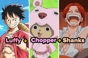 Luffy, Chopper y Shanks, personajes de One Piece, están juntos. Luffy sonríe, Chopper viste un disfraz de oso, y Shanks ríe ampliamente