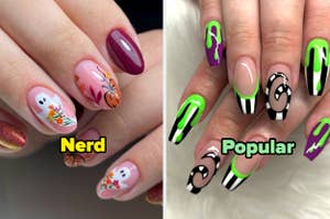 Manicuras comparativas: estilo con flores y mano con diseños llamativos en neón. Texto: "Nerd", "Popular"