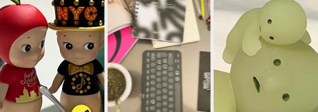 Three-image collage: Left: NYC-themed Sonny Angels dolls with "LOL" and "OMG" captions. Middle: Hands typing on a keyboard near planners. Right: Glow-in-the-dark figure on a nightlight