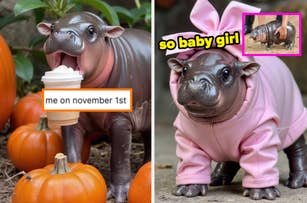 A baby hippo holds a cup with text "me on November 1st" near pumpkins, and in another image, the hippo wears a pink outfit with text "so baby girl."