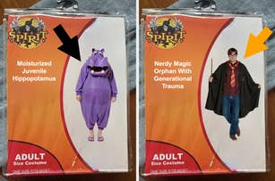 Two humorous Halloween costume packages: "Moisturized Juvenile Hippopotamus" and "Nerdy Magic Orphan With Generational Trauma."