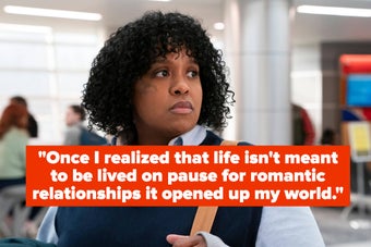 Woman wearing a casual outfit and carrying a bag, overlaid with the text: "Once I realized that life isn’t meant to be lived on pause for romantic relationships it opened up my world."