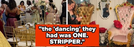 People at a formal gathering; decorated with flowers and elegant furniture. Text overlay: "the 'dancing' they had was ONE. STRIPPER."