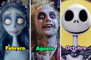 Personajes animados: Emily de "El cadáver de la novia", Beetlejuice y Jack Skellington de "El extraño mundo de Jack" con texto: Febrero, Agosto, Octubre