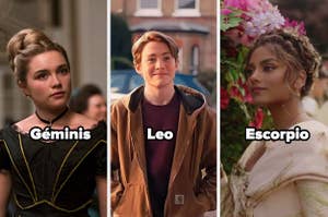 Florence Pugh con vestido de época, Kit Connor con chaqueta casual, y Simran Kaur en atuendo floral, con sus signos zodiacales: Géminis, Leo, Escorpio