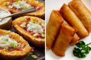 Potato skins topped with sour cream and green onions next to a plate of golden-brown spring rolls with cilantro garnish