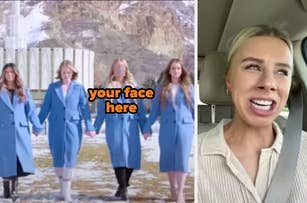 Four actresses in blue coats on left, one woman's face blurred. Woman on right is in a car, looks emotional. Text: "your face here."