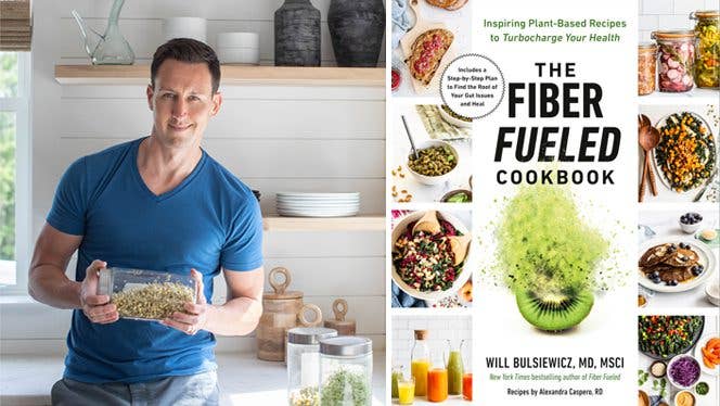Gastroenterologist Will Bulsiewicz stands in kitchen holding a Mason jar of sprouts, alongside a photo of the cover of his new book, The Fiber Fueled Cookbook